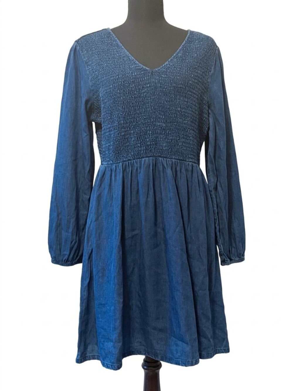 Old Navy Smocked Chambray Denim V-Neck Long Sleeve Mini Dress Size L